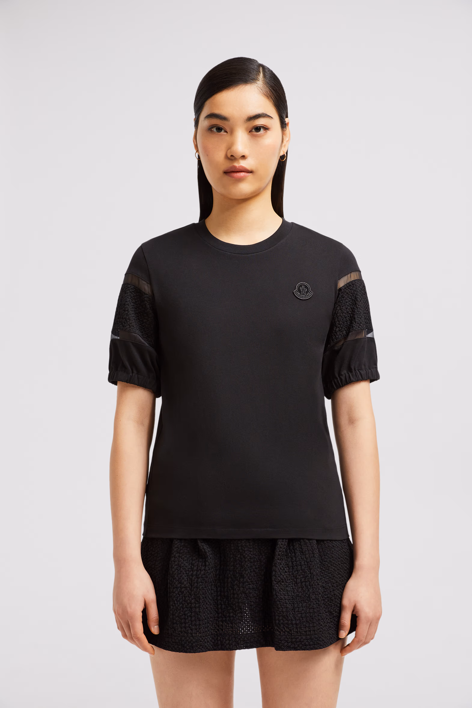 Silk Trim Cotton T-Shirt Women Black Moncler 3